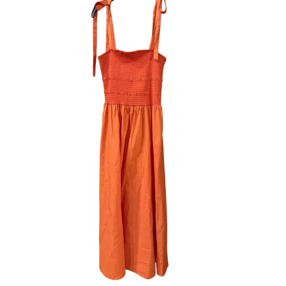 COS Tie-Detail Smocked Midi Dress Orange color size small - Picture 4 of 4